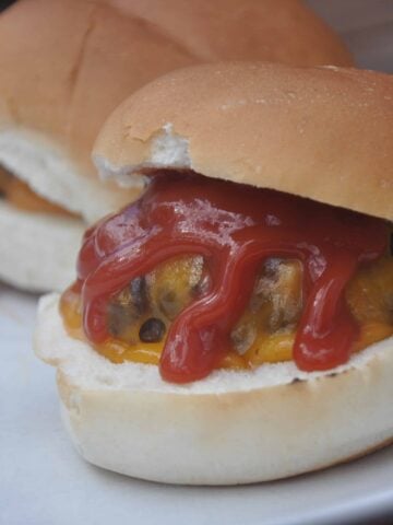 picture of two grilled hamburgers on a plate with ketchup