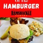 "History Of The Hamburger" with a grilled hamburger and macaroni salad on a plate.