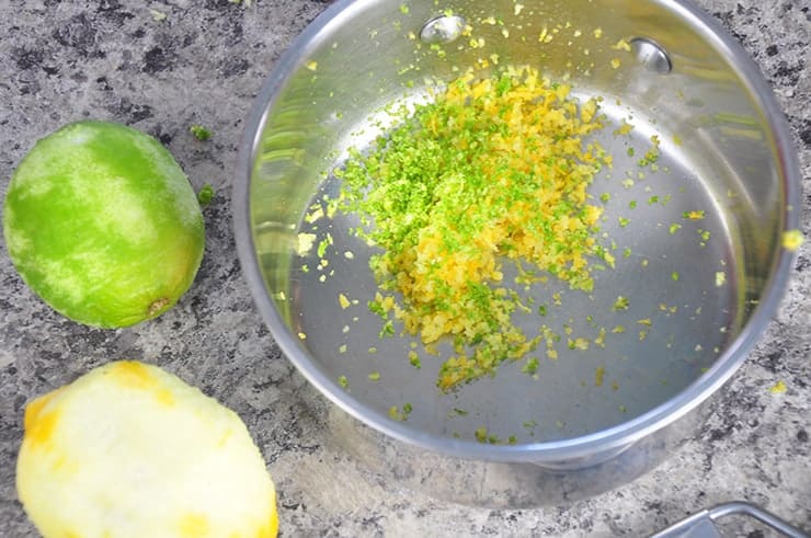 Lemon and lime zest in pan