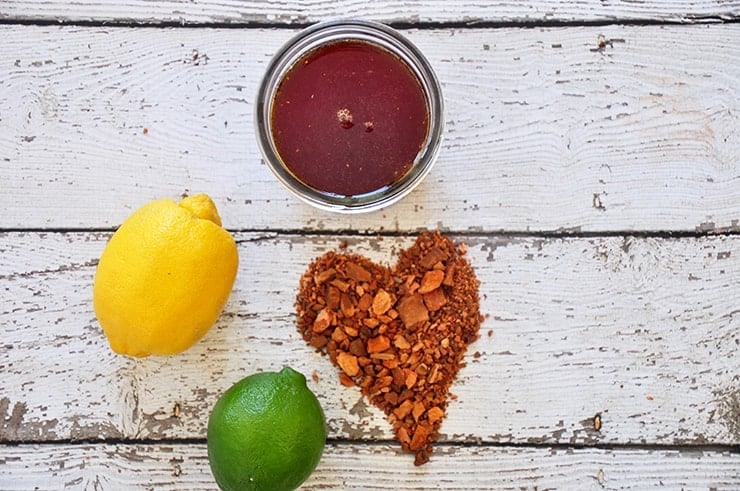 Overhead tonic syrup with bark shaped into a heart. 