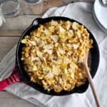 Beefy Taco Mac and Cheese in my cast iron skillet