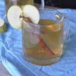 Apple Ginger Hot Toddy in irish coffee mug with cinnamon stick and apple slice.