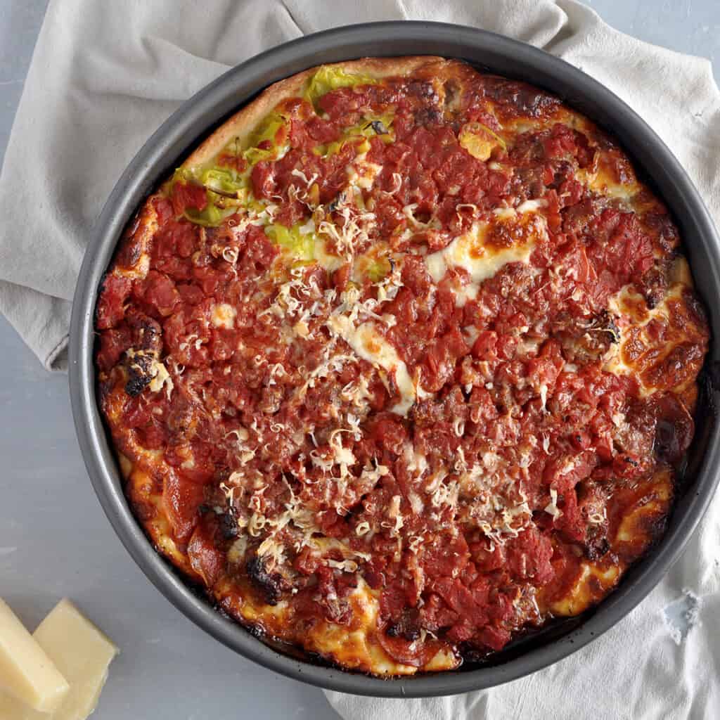Meat Lovers Chicago Deep Dish Pizza from the top