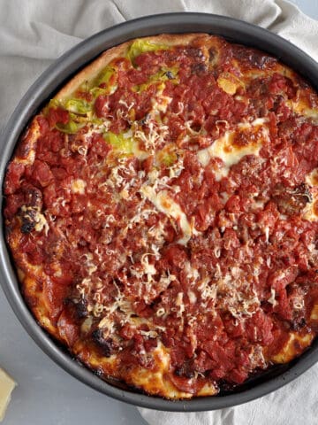 Meat Lovers Chicago Deep Dish Pizza from the top