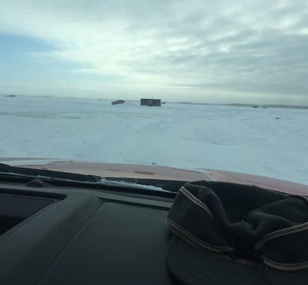 Driving on Lake of the Woods in wintertime during an ice fishing trip