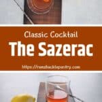 Overhead and side picture of a classic Sazerac cocktail.