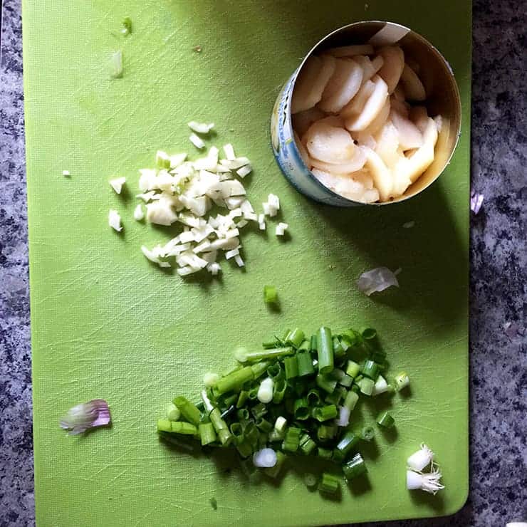 Water Chestnuts, green onions, and garlic on cutting board.