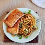 Vegetarian Chow Mein with Honey Fried Tofu on the side.