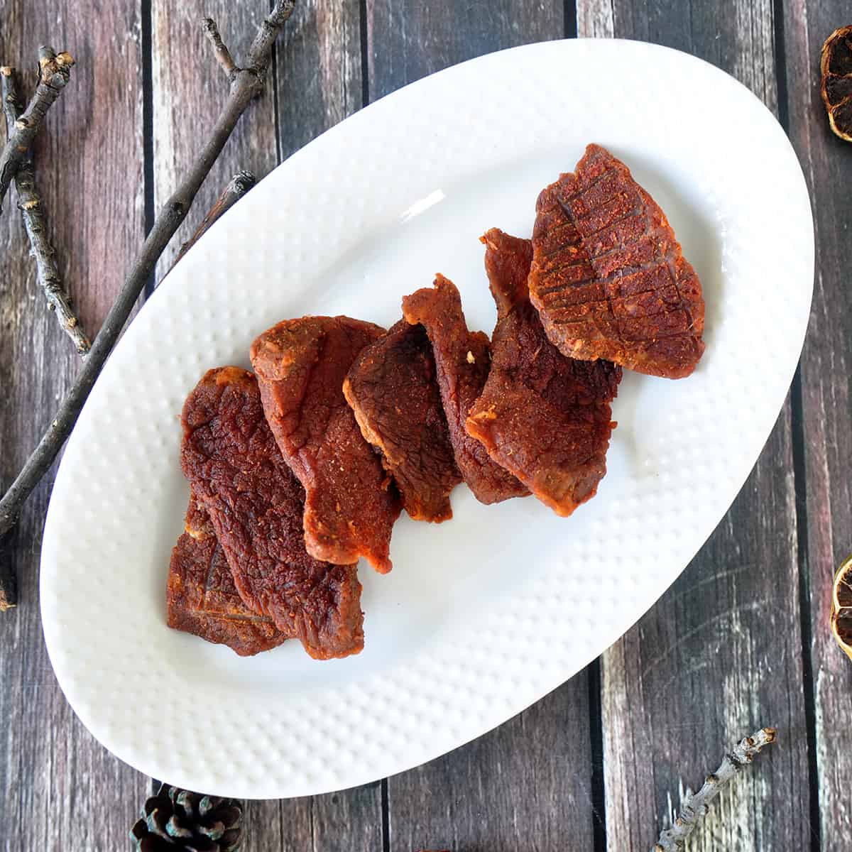 Overhead shot of bloody mary beef jerky recipe.