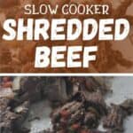Slow Cooker Shredded Beef with a bunch of beef on a table