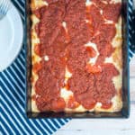 Overhead picture of a full pan of Detroit Style Pizza