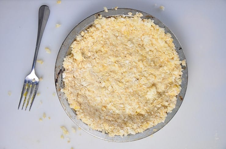 Tater Tot Crust in Pie Tin before putting in oven.