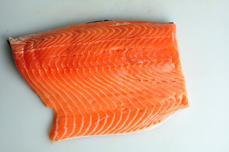 View of raw salmon fillet.