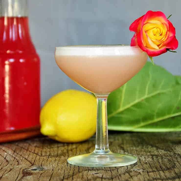 Limoncello and Rhubarb Cocktail on a pice of wood with rhubarb, lemon, and syrup in the background. The cocktail is garnished with a red and yellow rose.