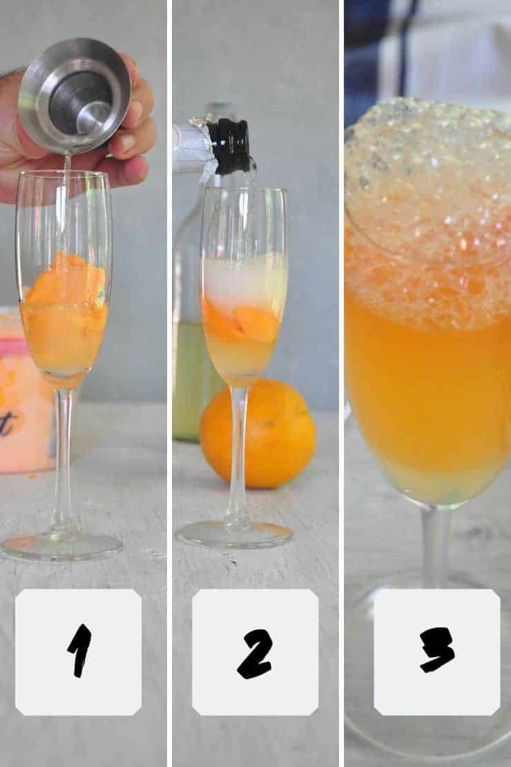 Process Description for making the orange sherbet prosecco cocktail.