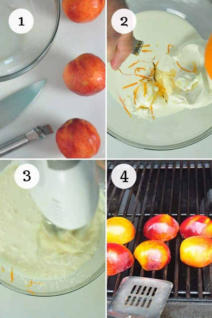 Process shots 1-4 for making Grilled Peaches with Honey Whipped Mascarpone recipe.