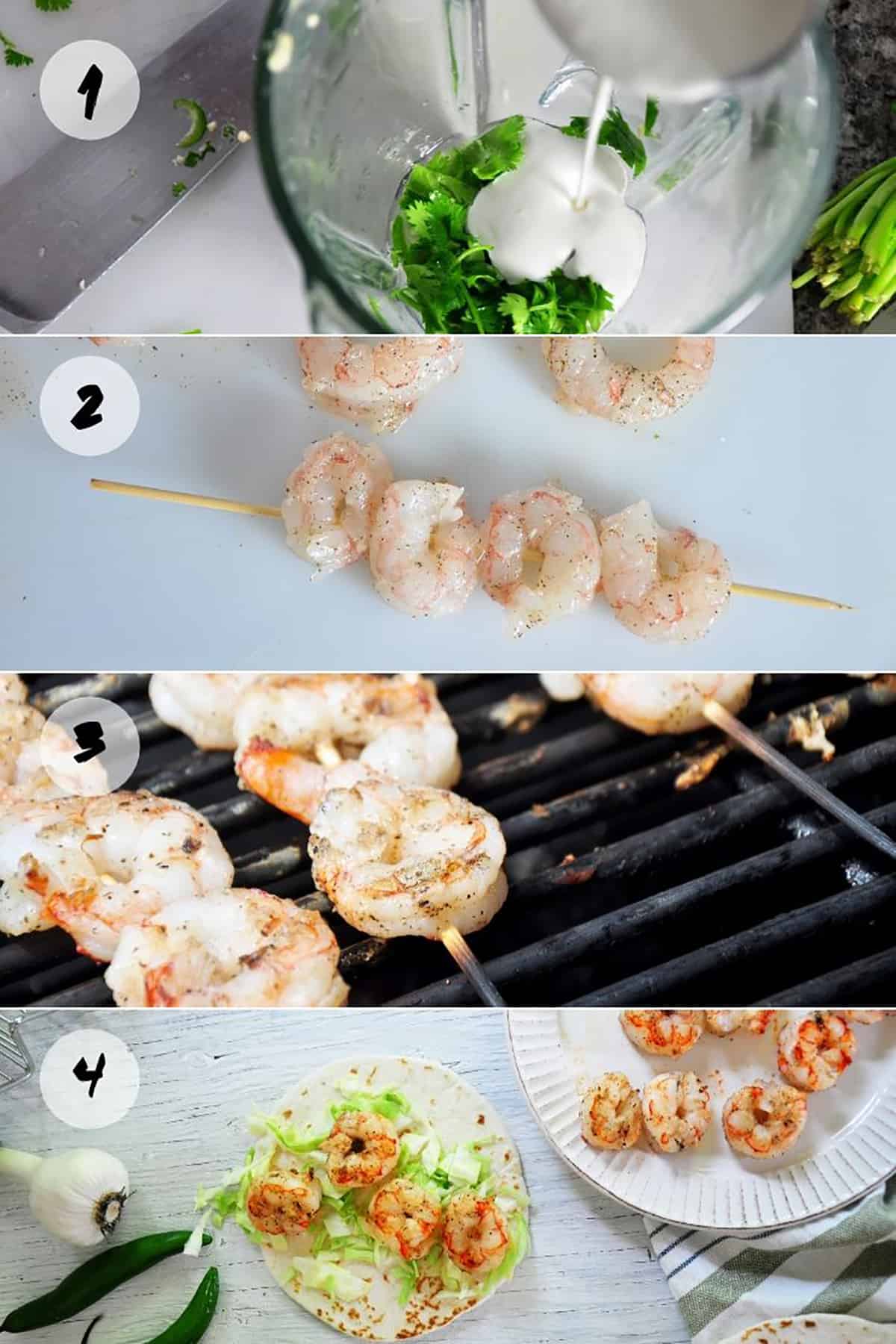 Four steps to create Chili Lime Shrimp Taco Sauce with Grilled shrimp