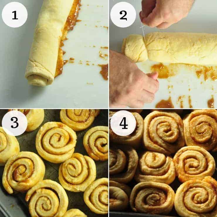 Cutting and rolling cinnamon rolls process shots.