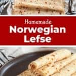 Homemade Norwegian Lefse with two images of lefse; one with flat lefse and the other with rolled up lefse.