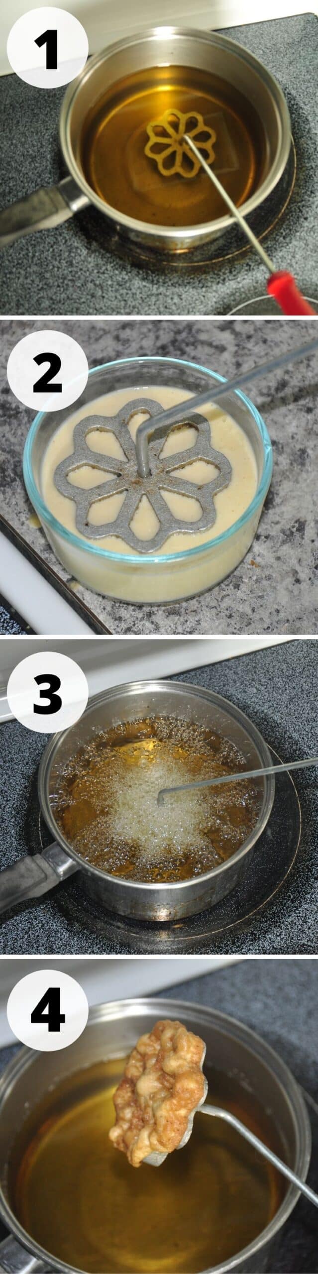 Rosette Cookie Frying Process Pictures 1-4.
