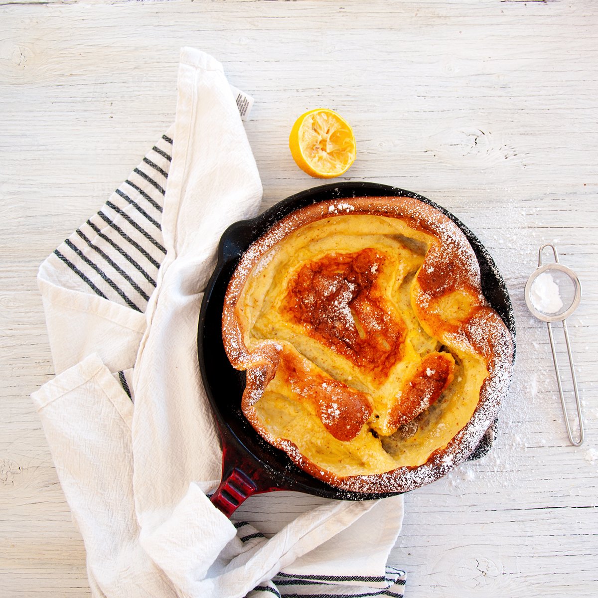 Overhead view of a completed Dutch Baby Pancake recipe.