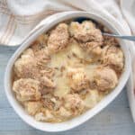 Overhead view of a casserole dish of Cauliflower Au Gratin Casserole.