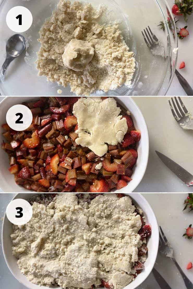 Process pictures 1 - 3 (described below) of making our Strawberry Rhubarb Cobbler.
