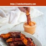"Grilled Bacon-Wrapped Sweet Potato Fries" and a plate of them with one fry being dipped in sauce.