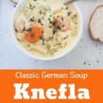 Bowl of Classic Knefla Soup with bread on the side.