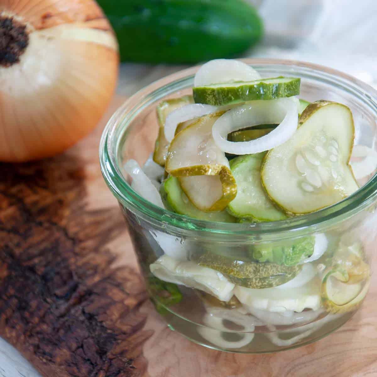 Refrigerator Pickles in a small bowl with cucumbers and onions.