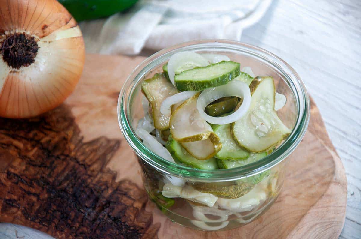 Refrigerator pickles in a Weck jar.