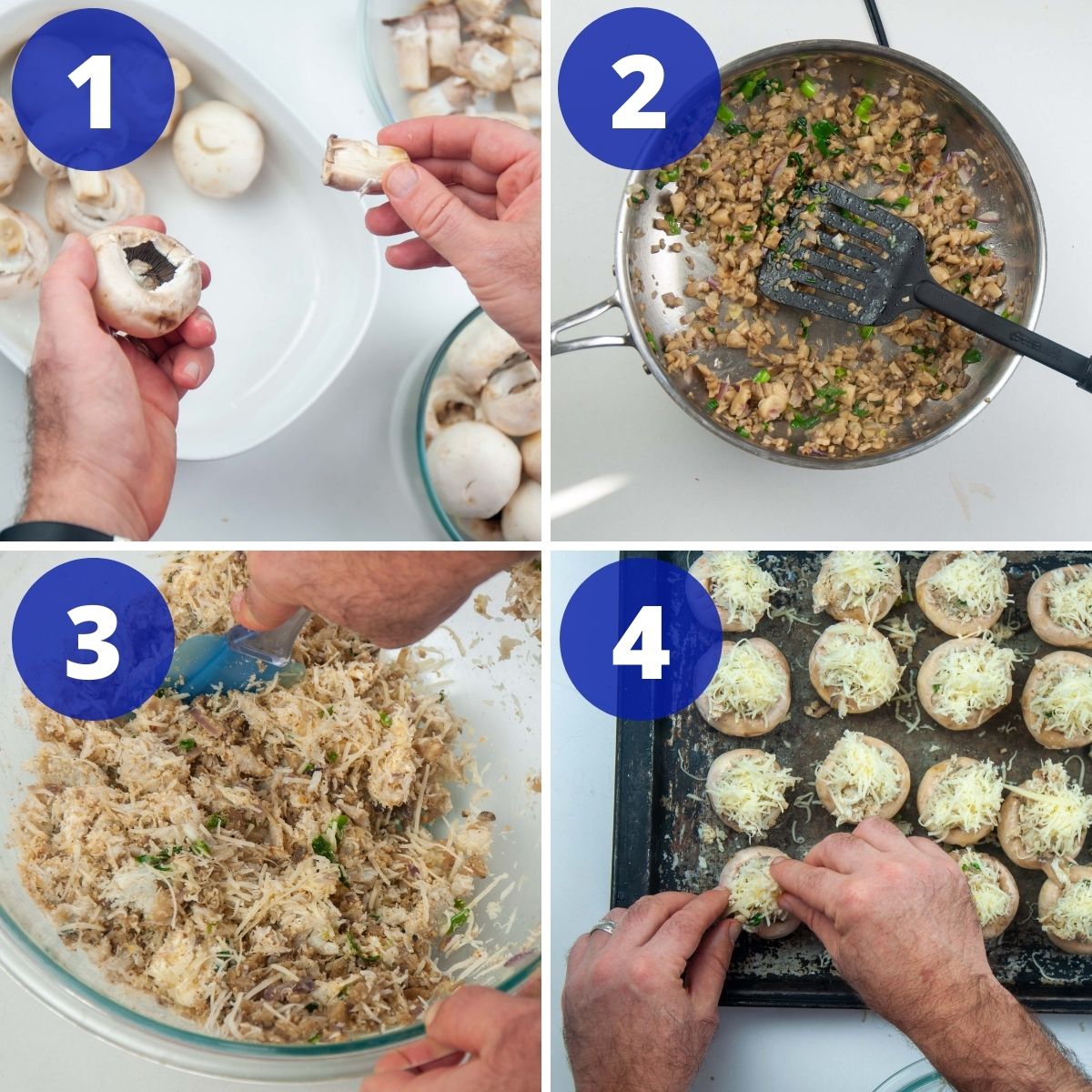 Showing separating mushrooms and then stuffing them with crab filling.