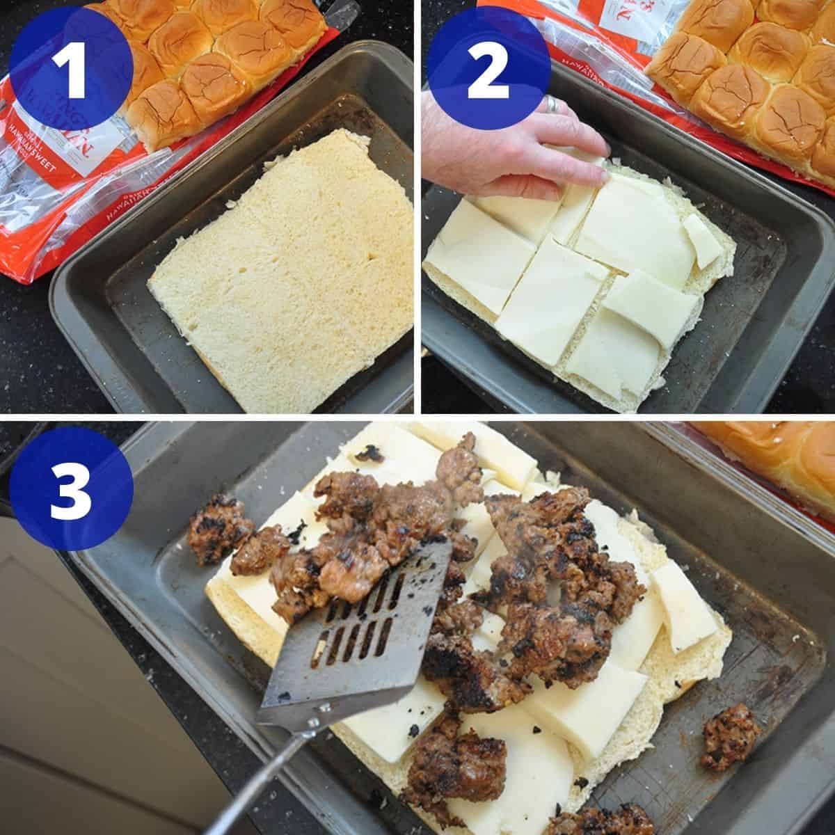 Adding sausage to bread and cheese in an oven pan.