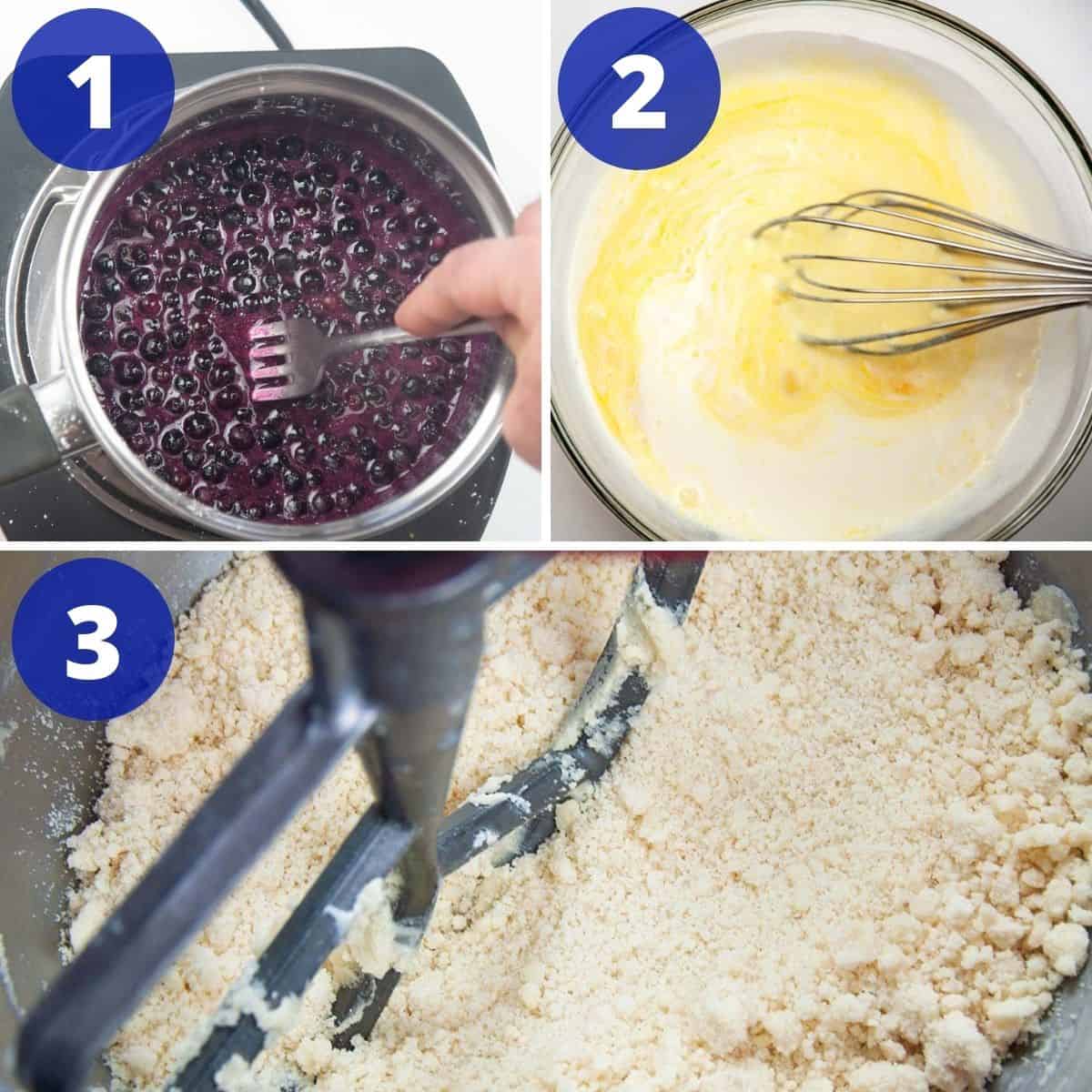 Mixing blueberry filling, custard, and shortbread crust.