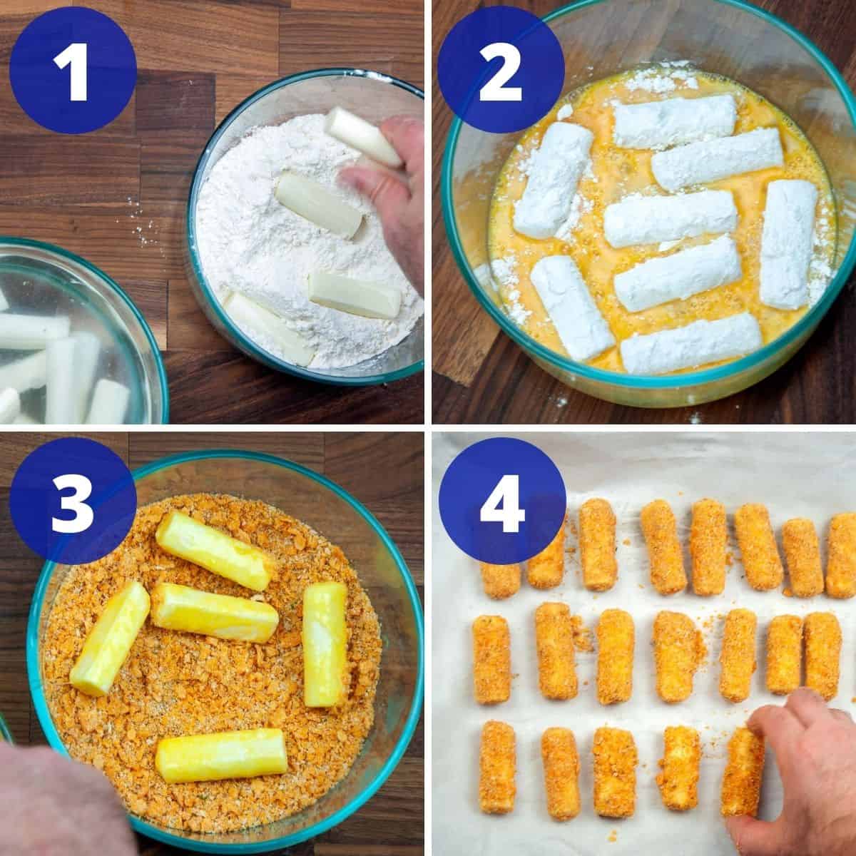 Dredging chees esticks in flour, egg, Cheez-It® mix, and placing on tray for freezing.