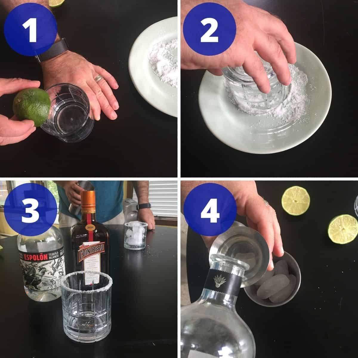 Mixing a margarita in four steps, salting rim, and pouring ingredients.