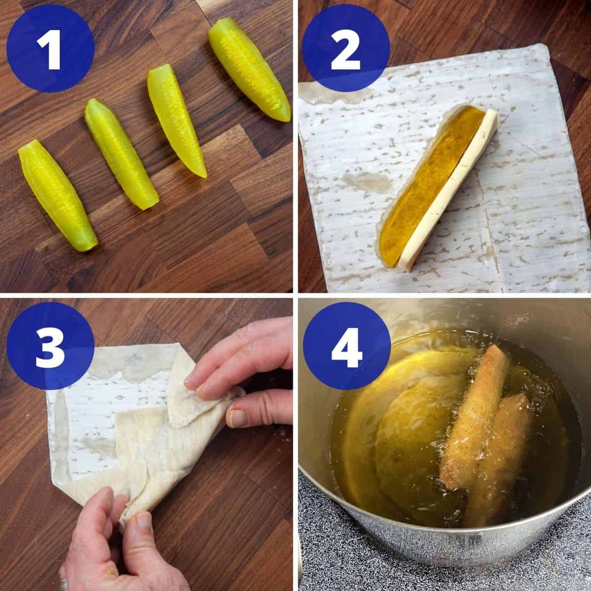 Wrapping cheesy pickles in egg roll wrapper and frying.
