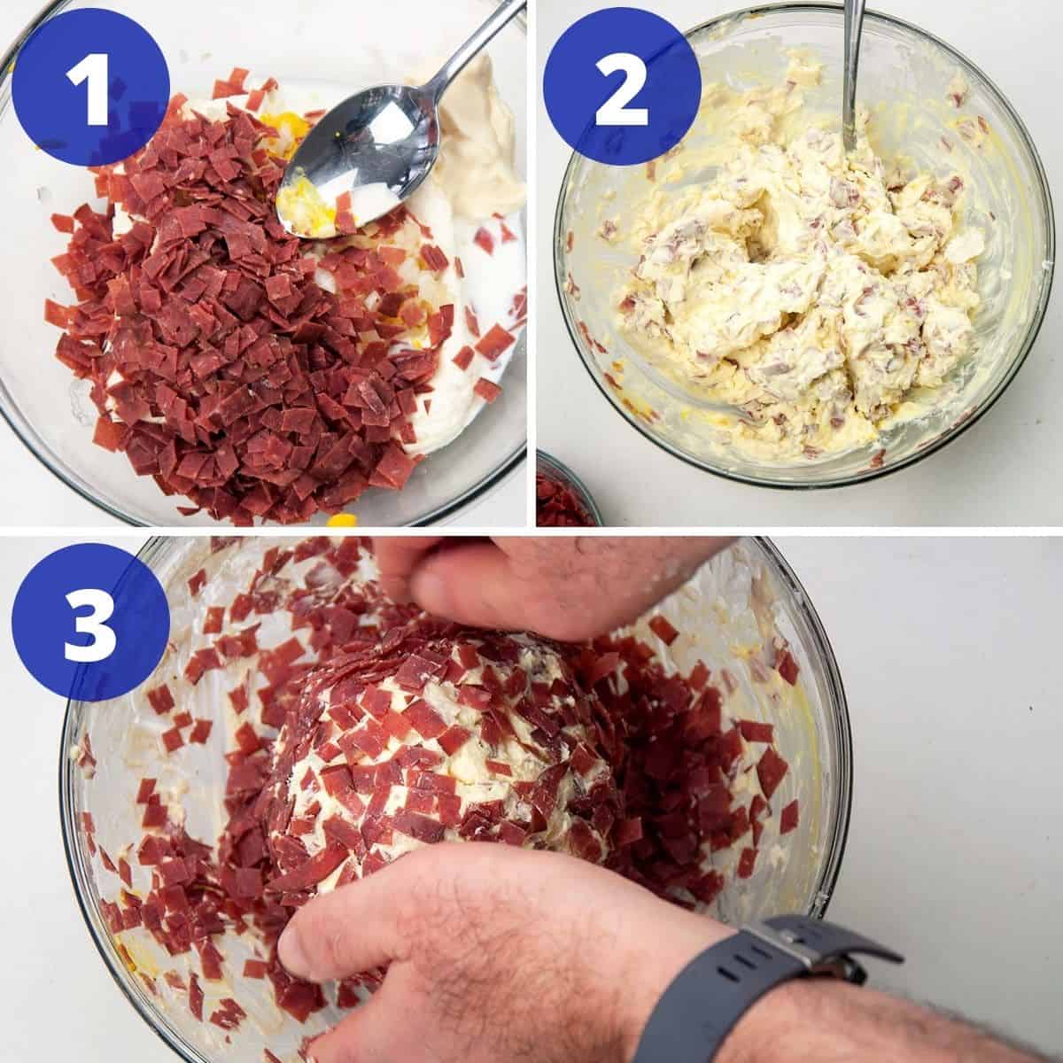 Mixing the dried beef with other ingredients and then forming it into the cheeseball.