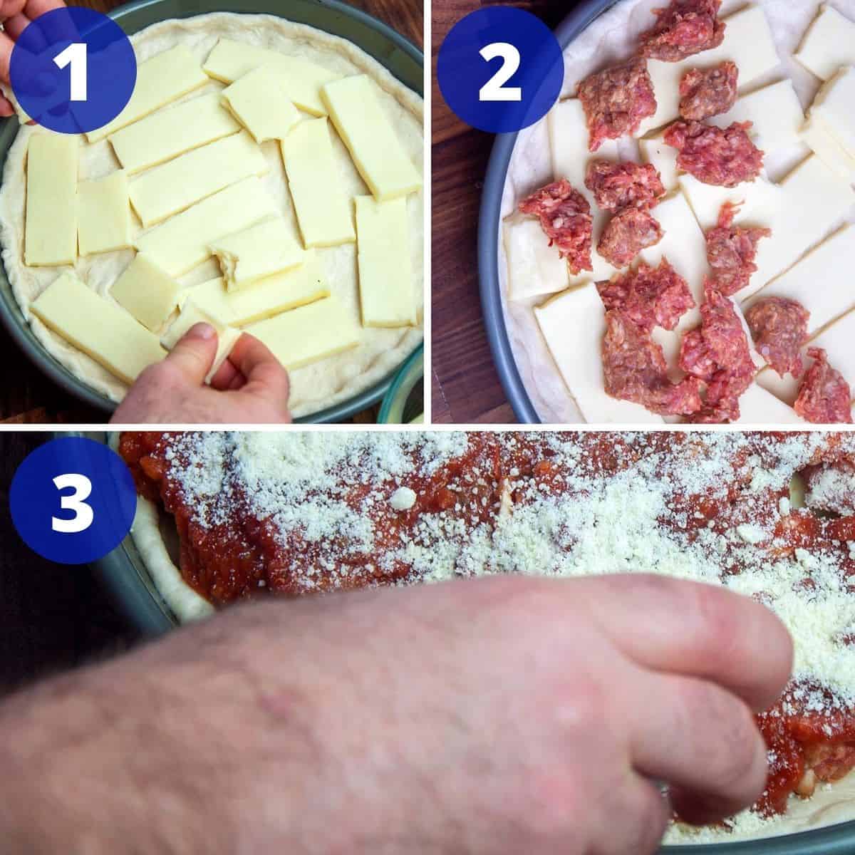 Adding ingredients to Chicago Deep Dish.