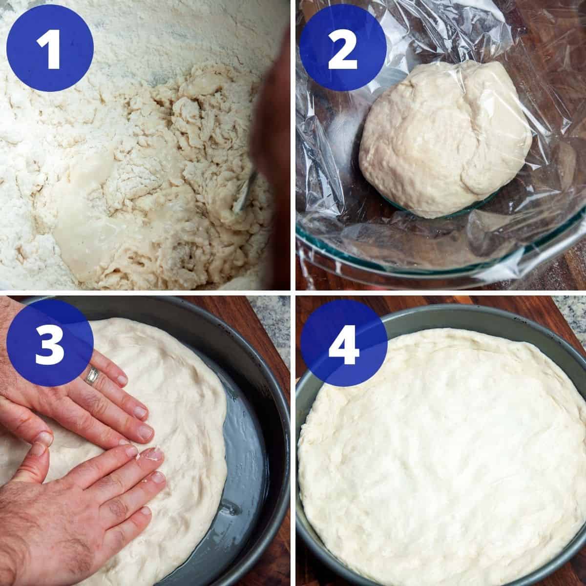 Making pizza dough and spreading in the Chicago Deep Dish pan.