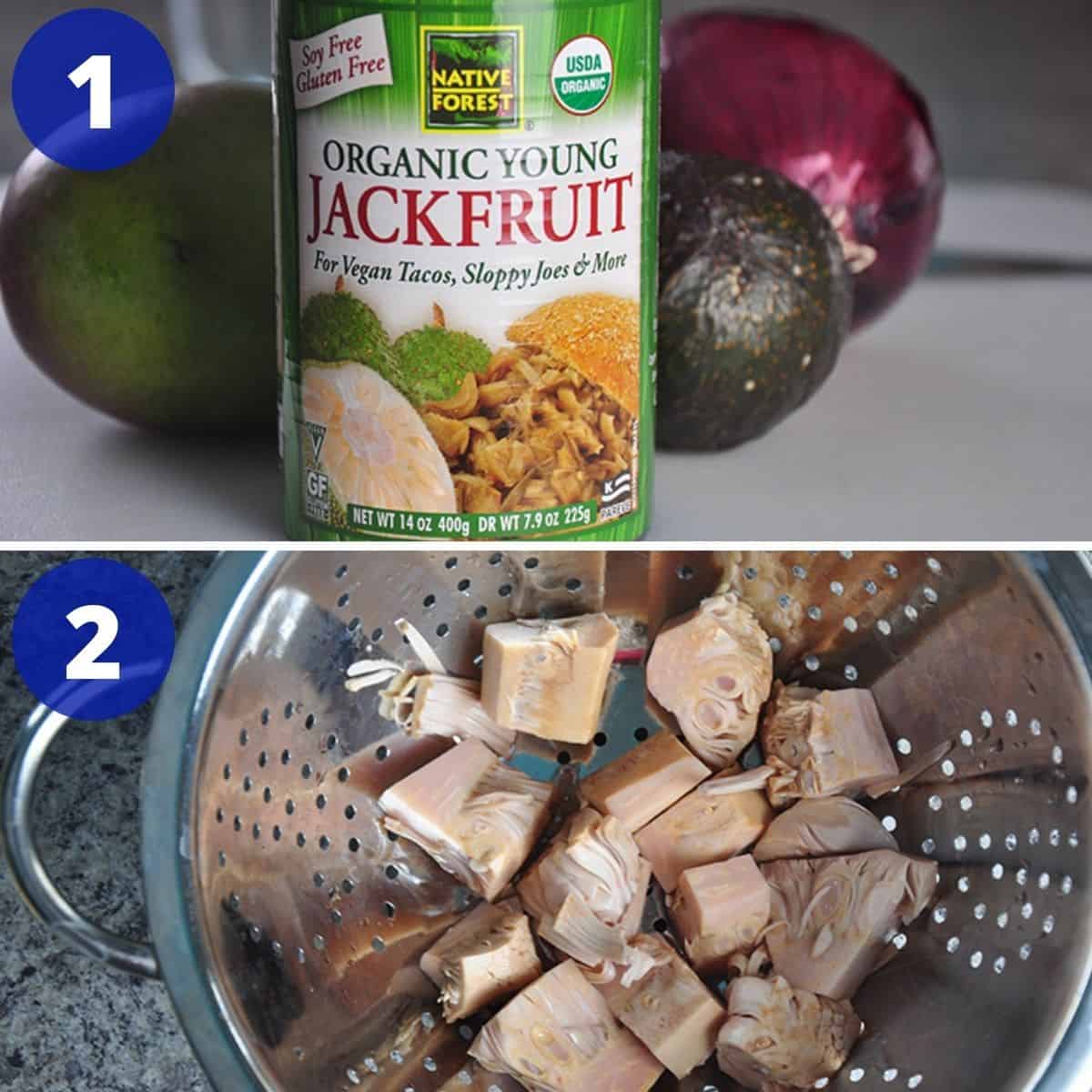 Showing a can of jackfruit and then drain it.