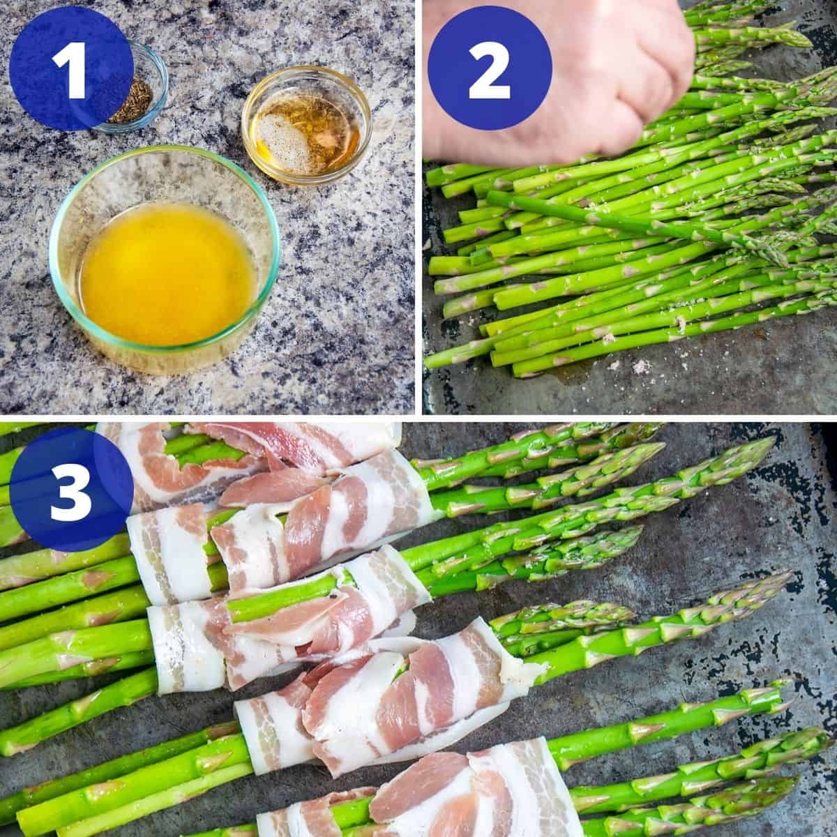 Process for making Pancetta Wrapped Asparagus with an Orange Honey Glaze.