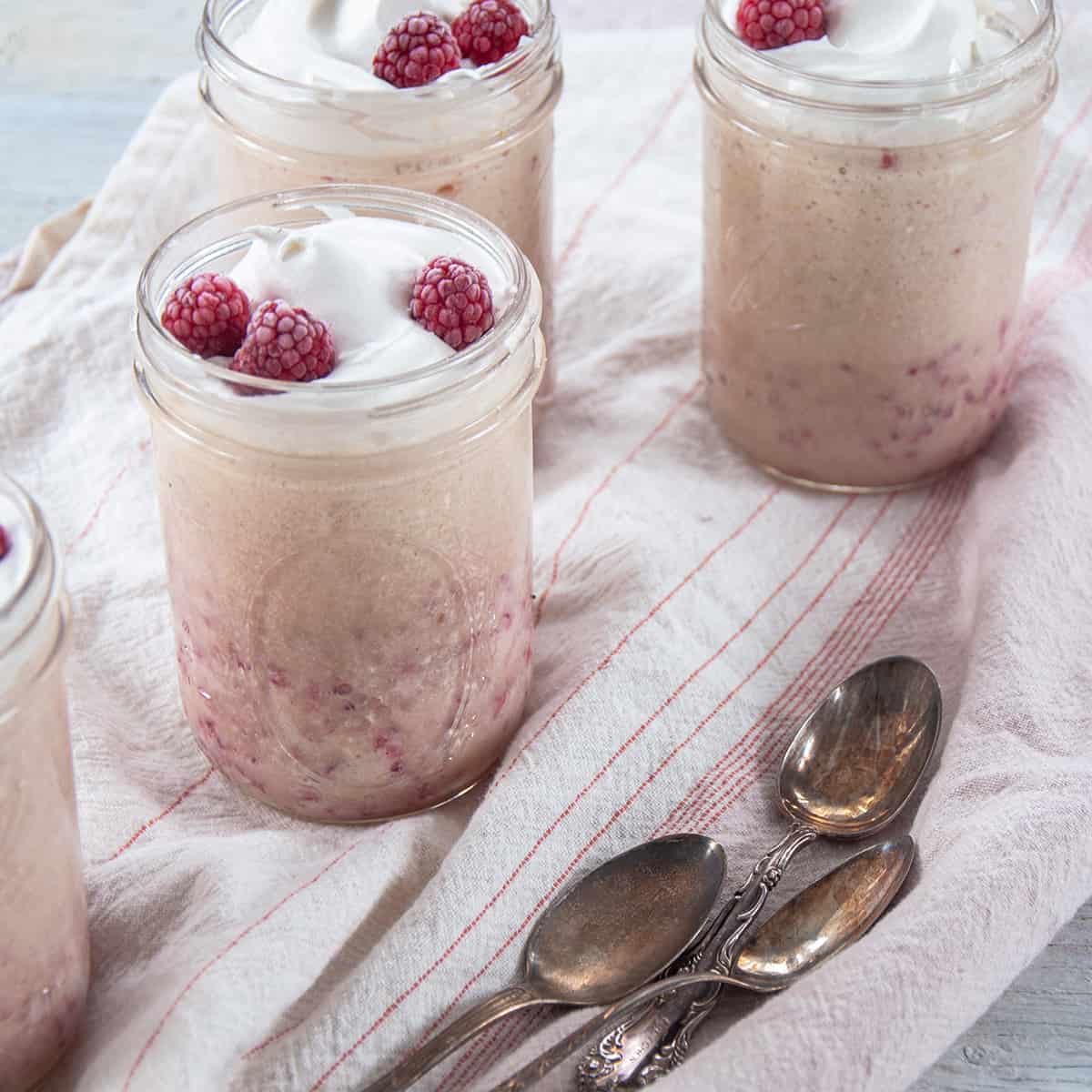 Raspberry Bavarian Cream in mason jars.