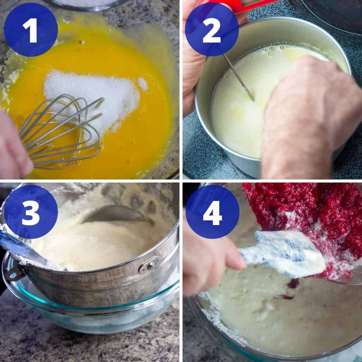 Process for creating raspberry bavarian cream.