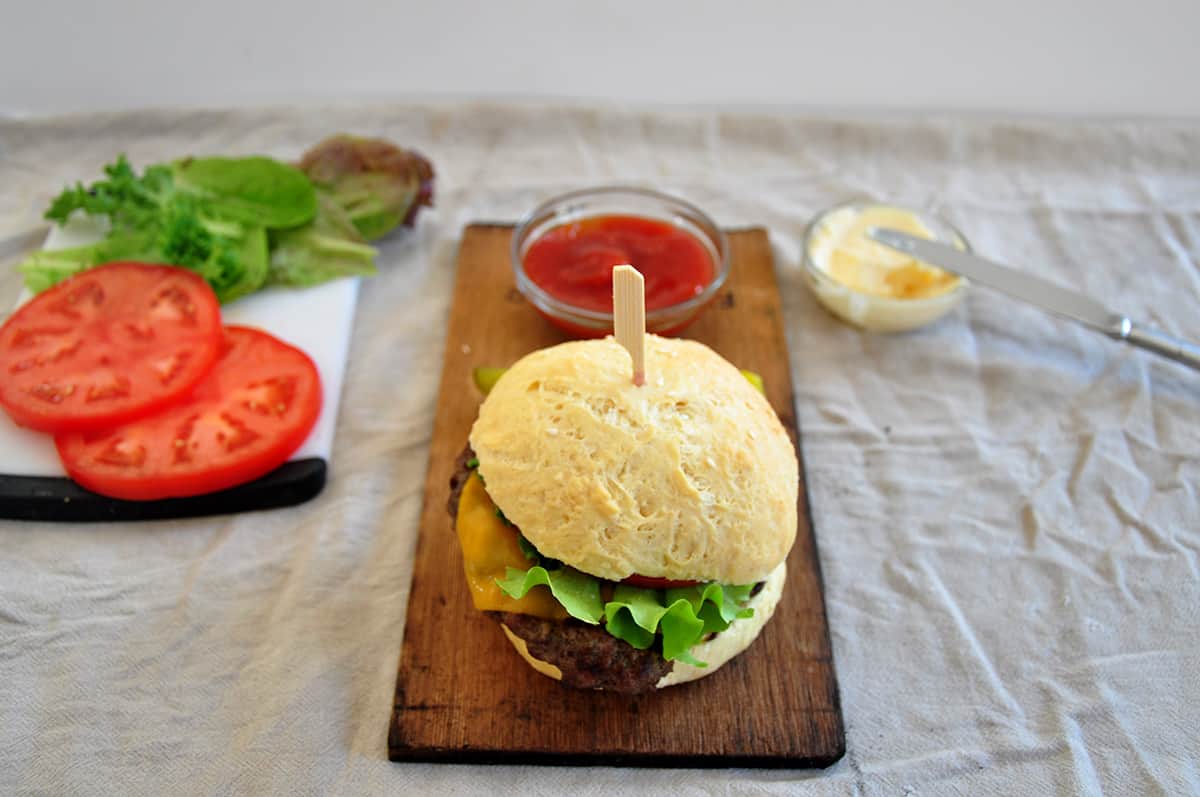 Food Processor Burger on a wood plank.