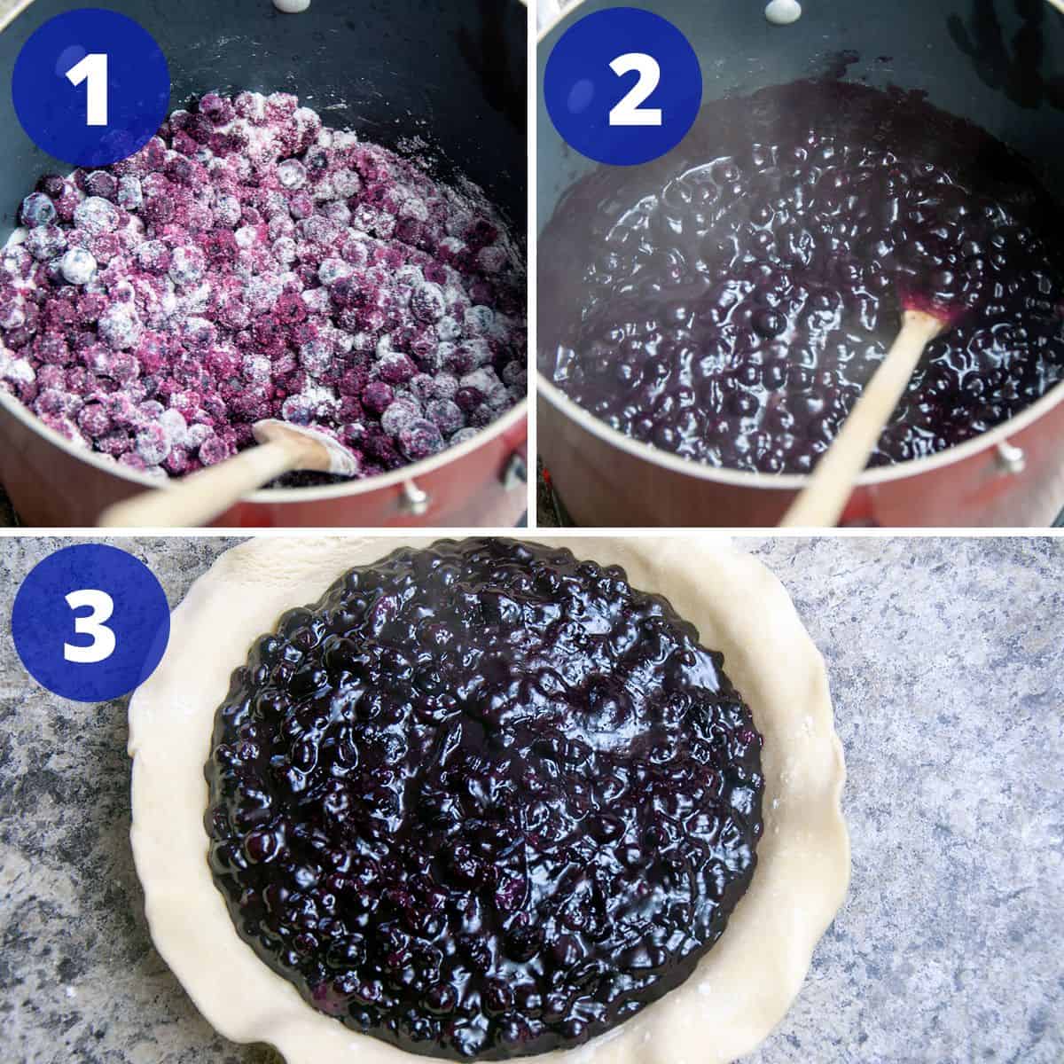 Showing how to make blueberry pie filling.