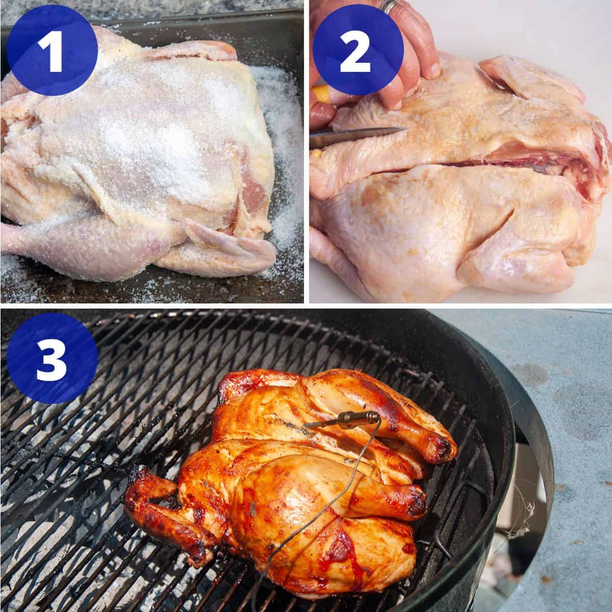Process for dry brining, spatchcocking, and grilling a whole chicken.
