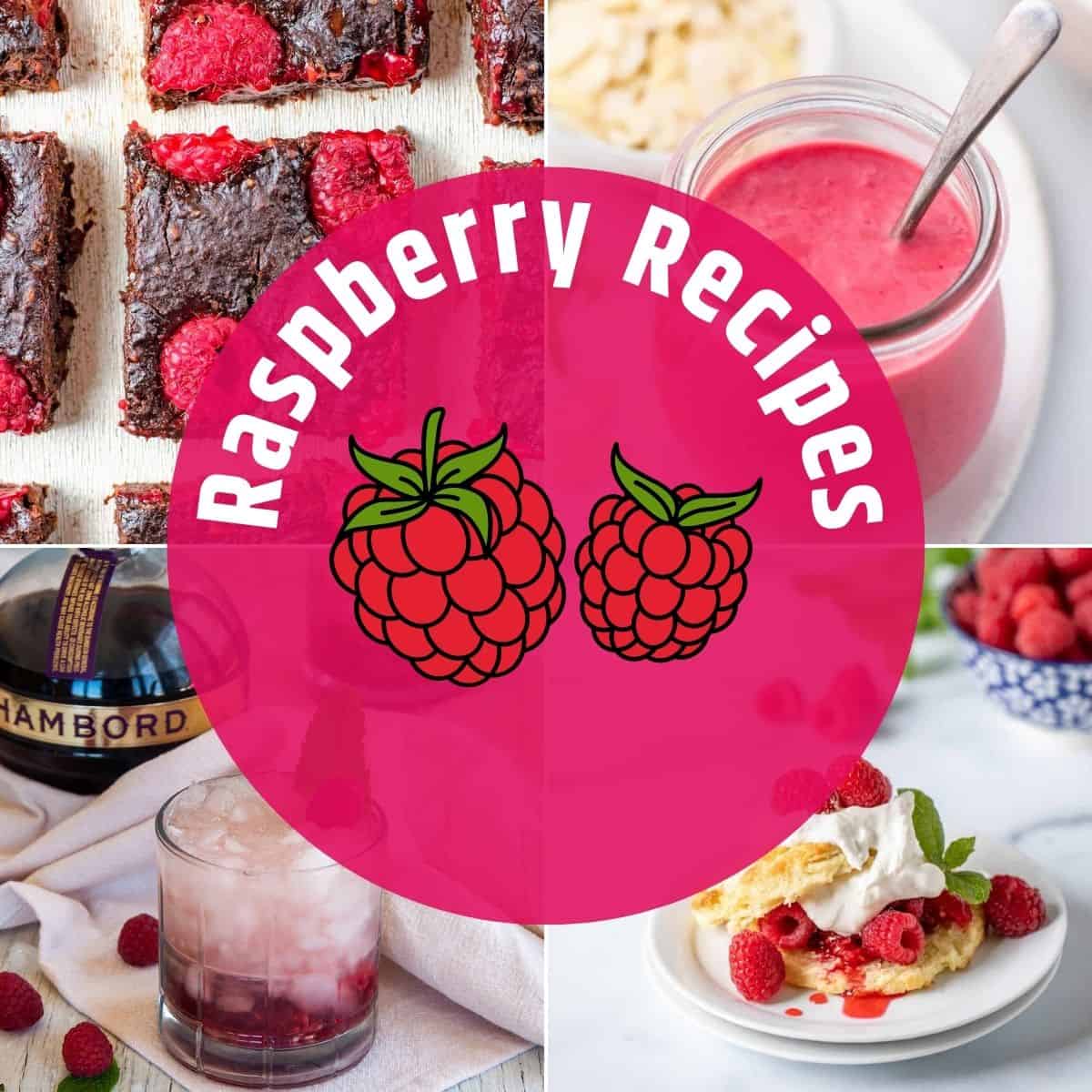 Raspberry Recipes text with four raspberry images.