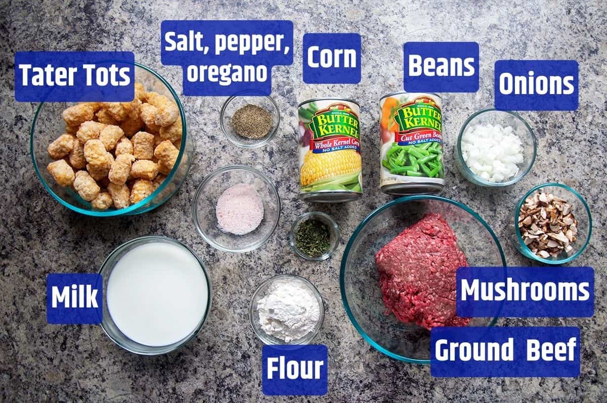 Ingredients for tater tot hotdish.