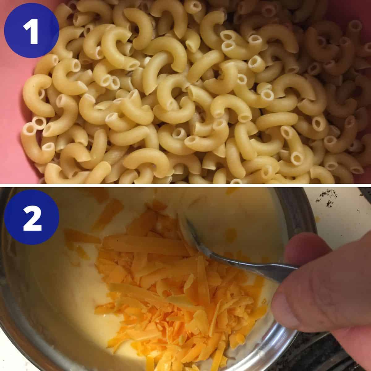 Two steps for making macaroni and cheese.